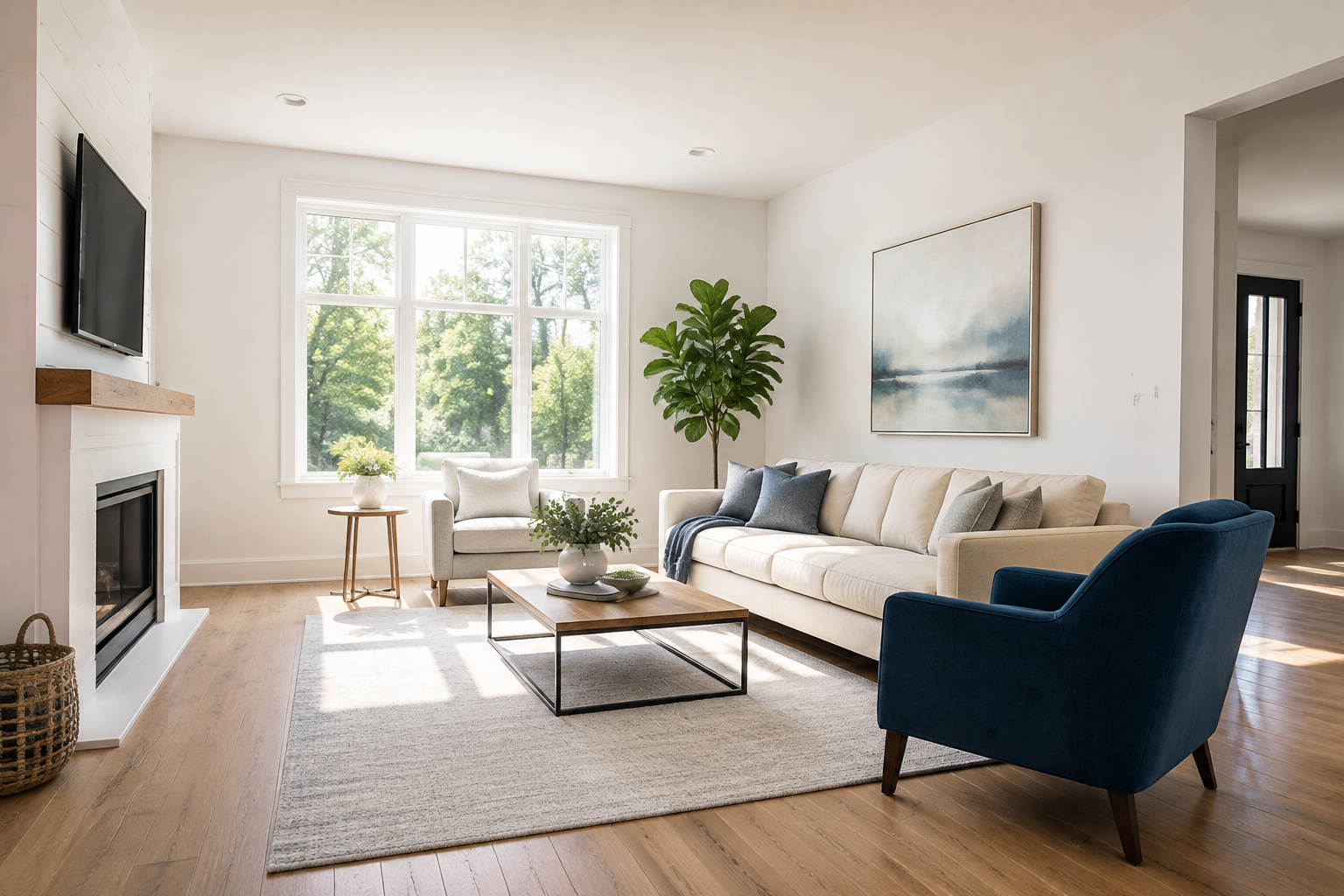 Sunlight across a clean living room with a blue chair and oak floors